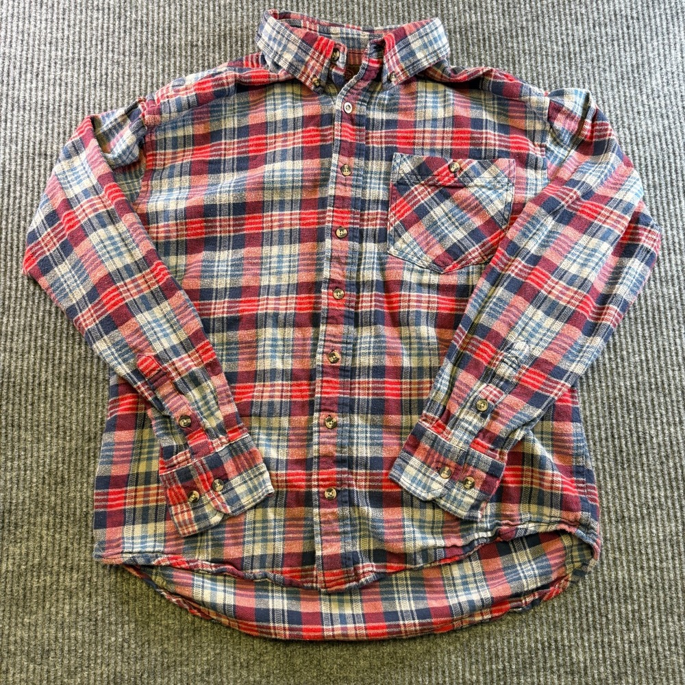 Rough‎ Tough Flannel Shirt Mens Large Red Blue Plaid Button Front Cotton